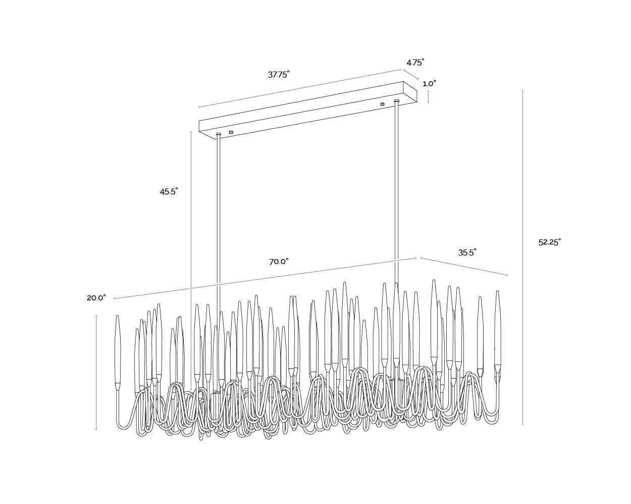 A wireframe image of the product with dimensions shown