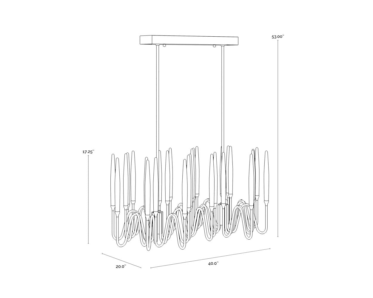 A wireframe image of the product with dimensions shown