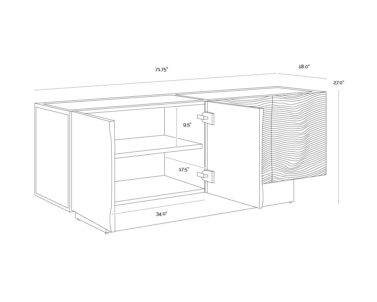 A wireframe image of the product with dimensions shown