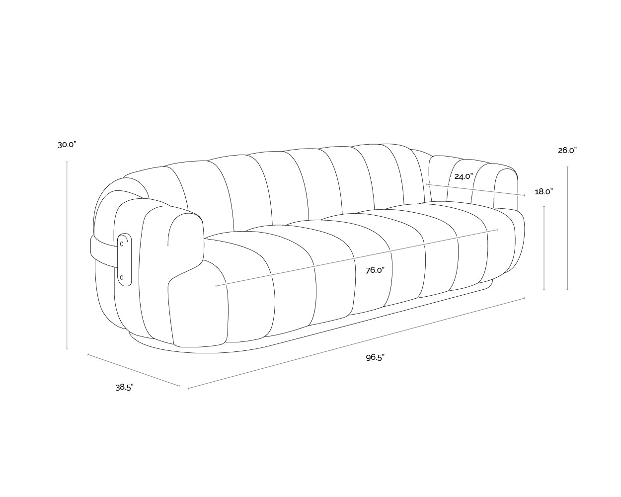 A wireframe image of the product with dimensions shown