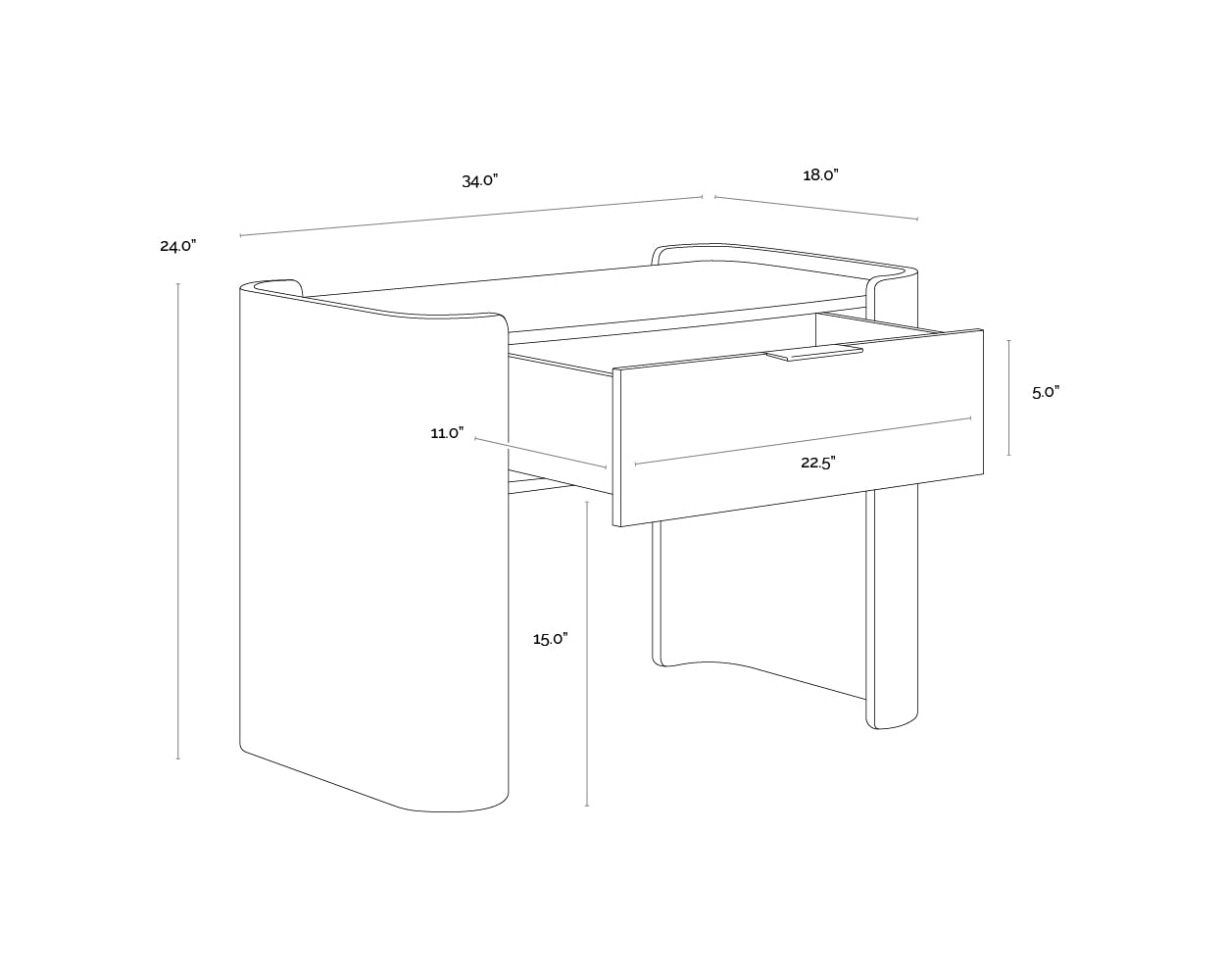 A wireframe image of the product with dimensions shown