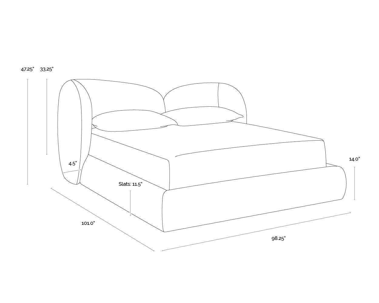 A wireframe image of the product with dimensions shown