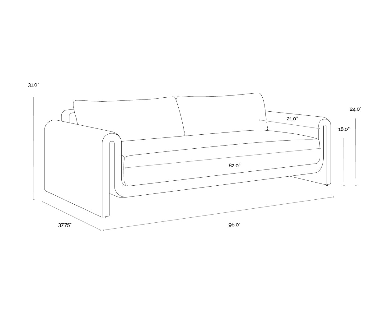 A wireframe image of the product with dimensions shown