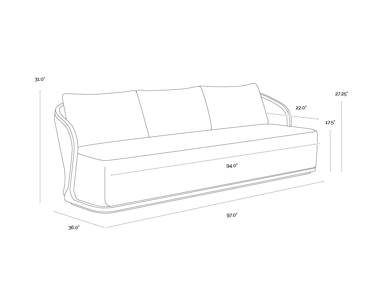 A wireframe image of the product with dimensions shown