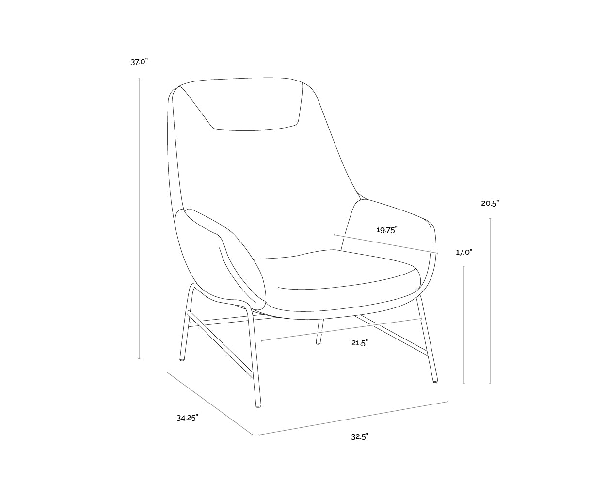 A wireframe image of the product with dimensions shown