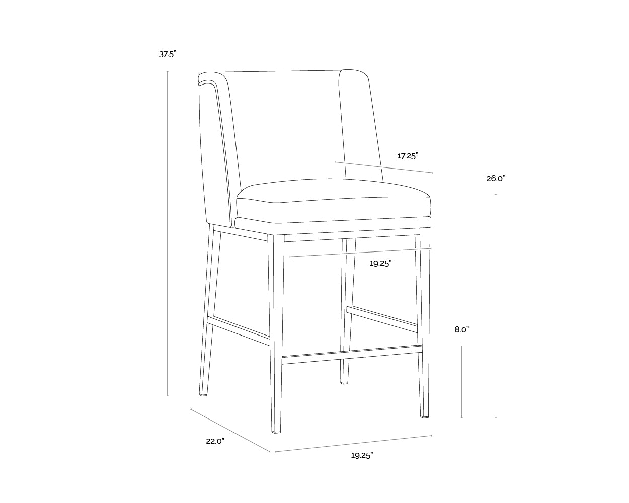 A wireframe image of the product with dimensions shown