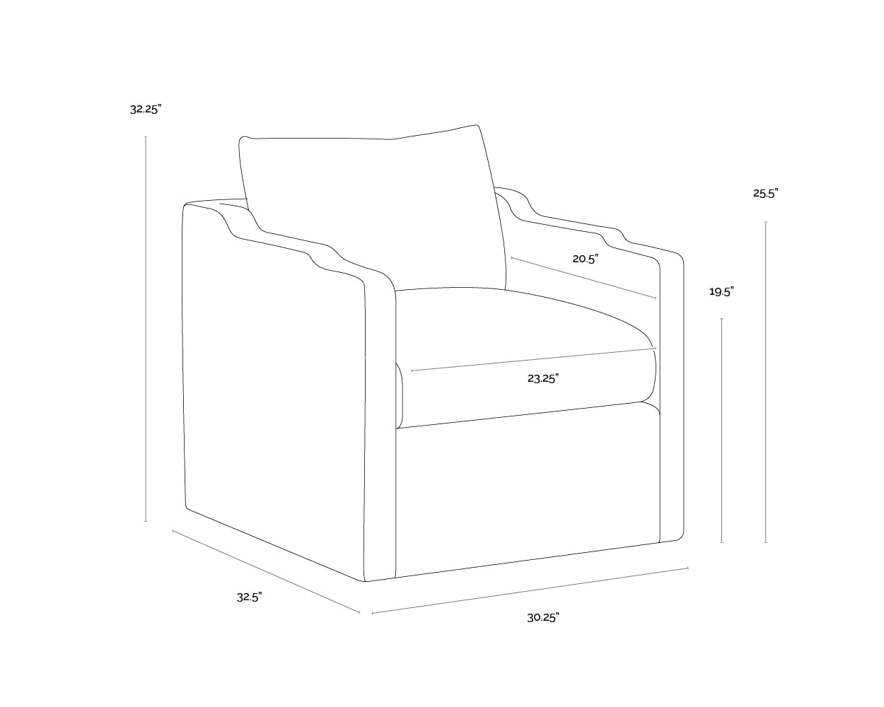 A wireframe image of the product with dimensions shown