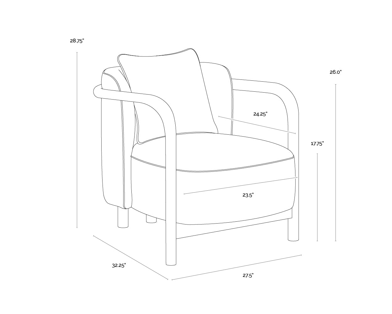 A wireframe image of the product with dimensions shown