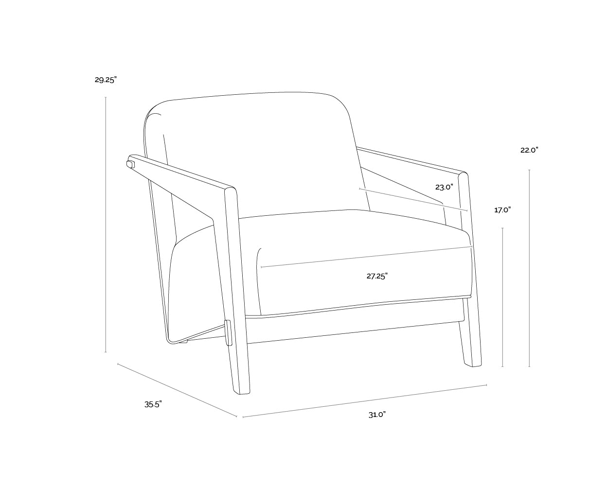 A wireframe image of the product with dimensions shown