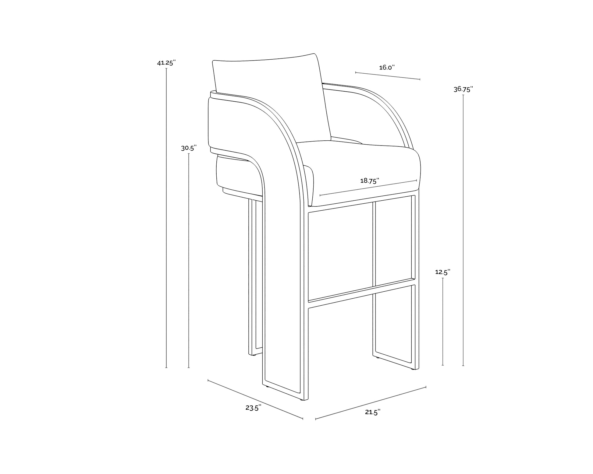 A wireframe image of the product with dimensions shown