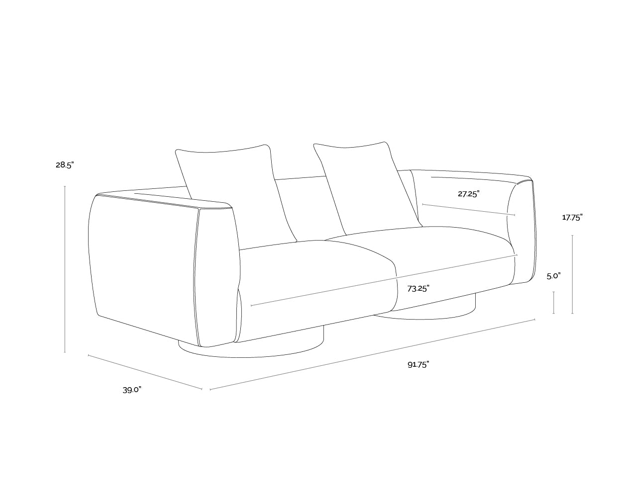 A wireframe image of the product with dimensions shown