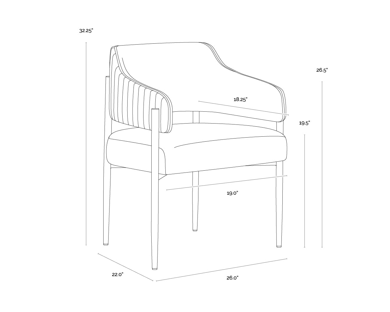 A wireframe image of the product with dimensions shown