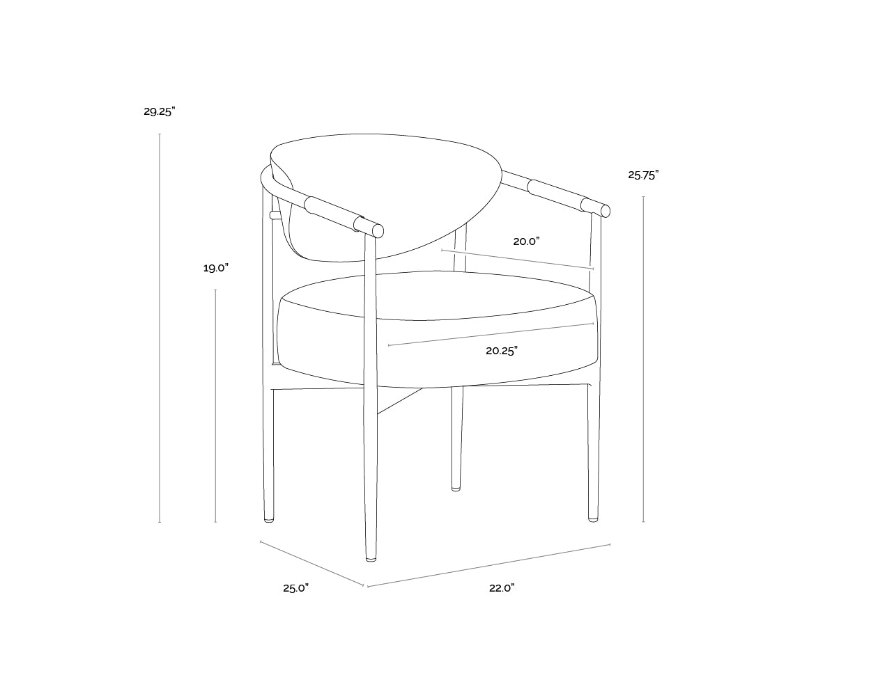 A wireframe image of the product with dimensions shown