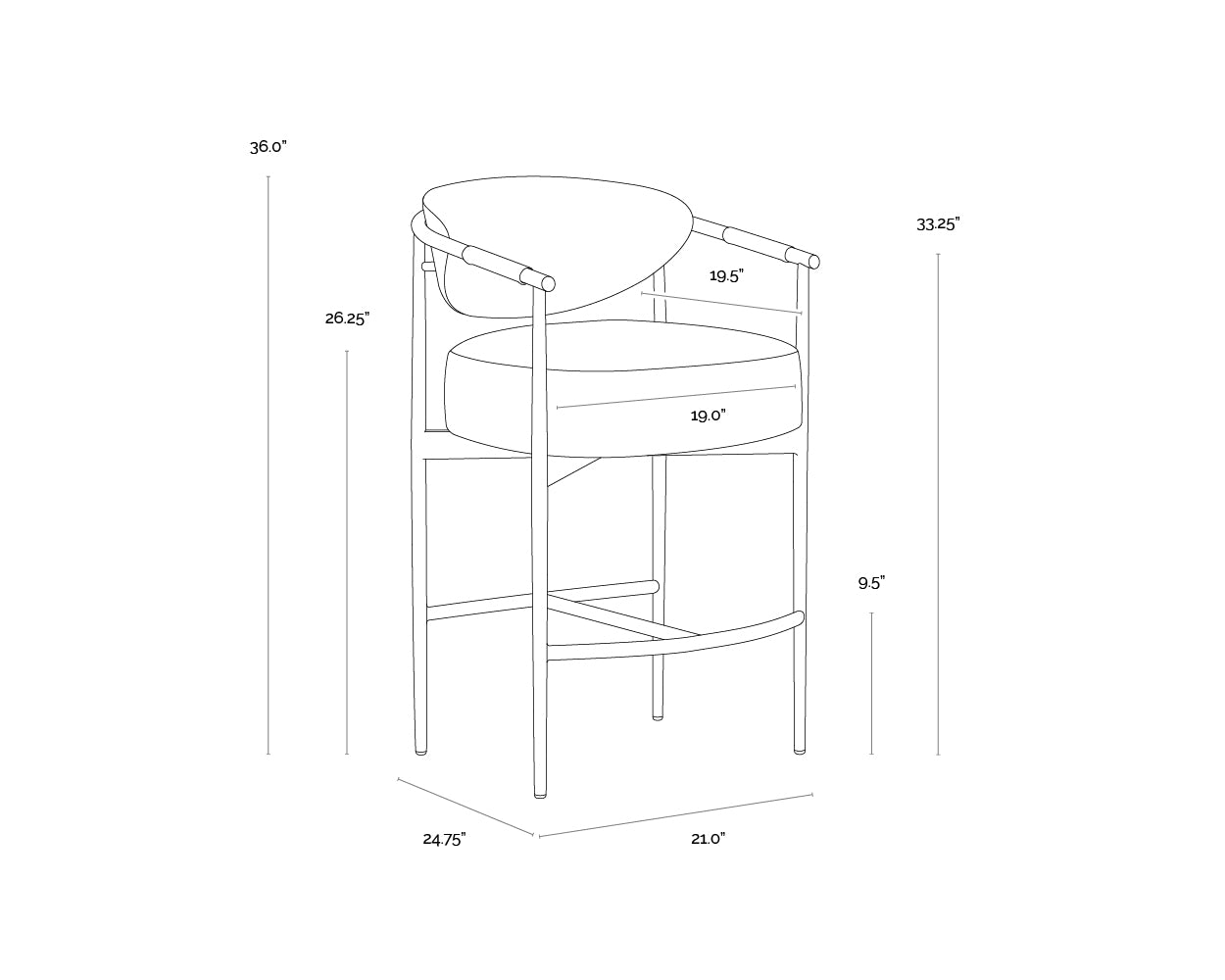 A wireframe image of the product with dimensions shown