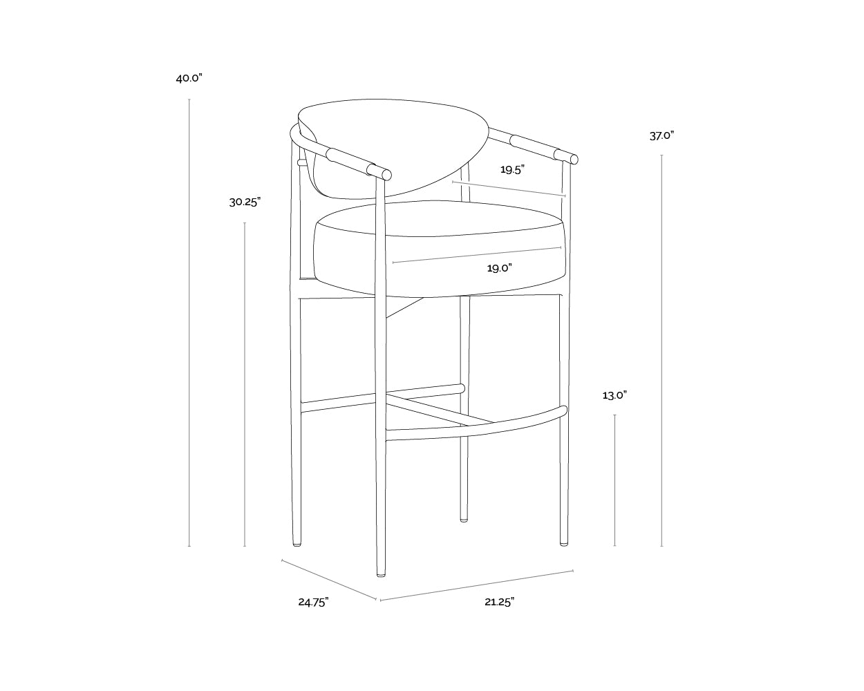 A wireframe image of the product with dimensions shown