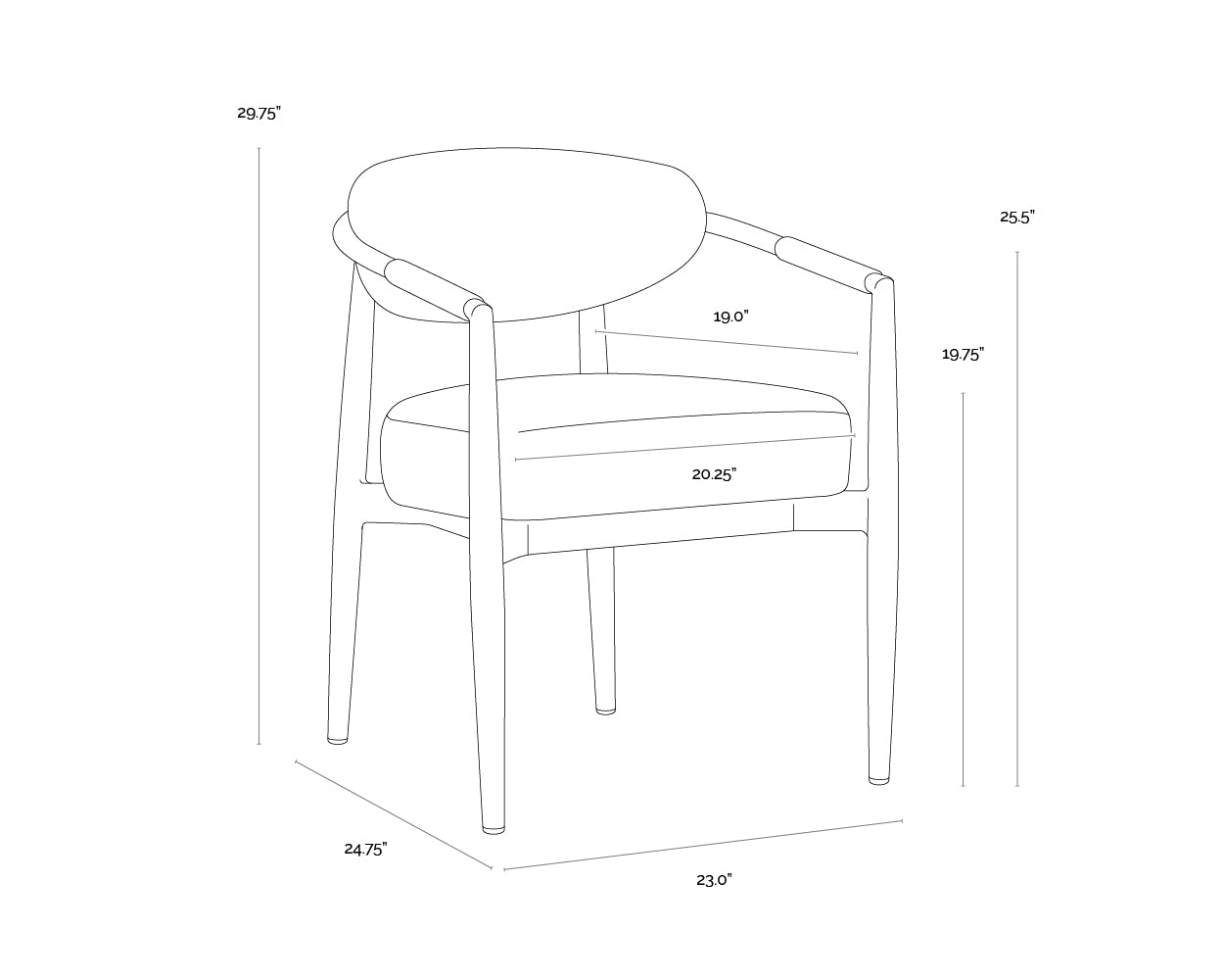 A wireframe image of the product with dimensions shown