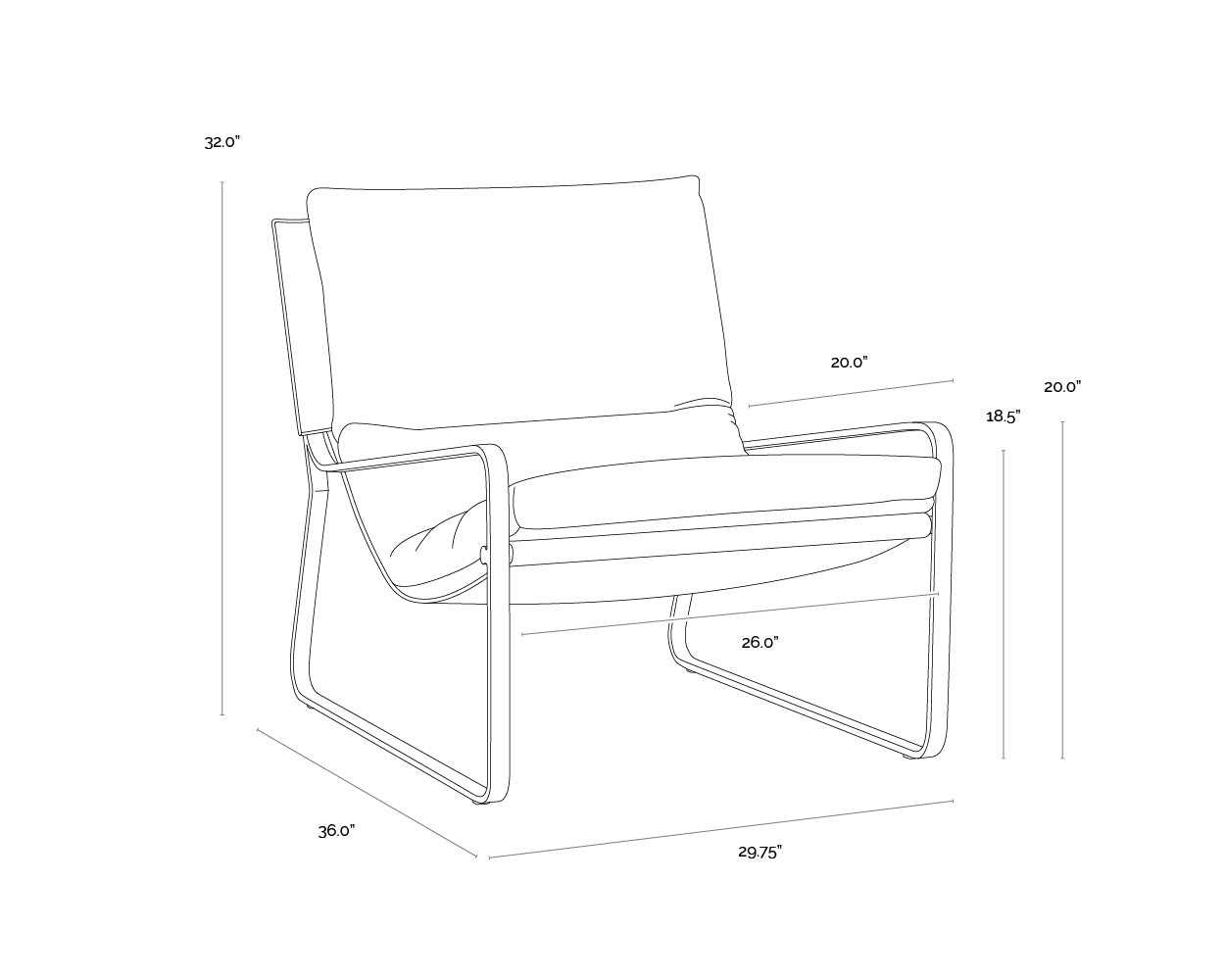 A wireframe image of the product with dimensions shown