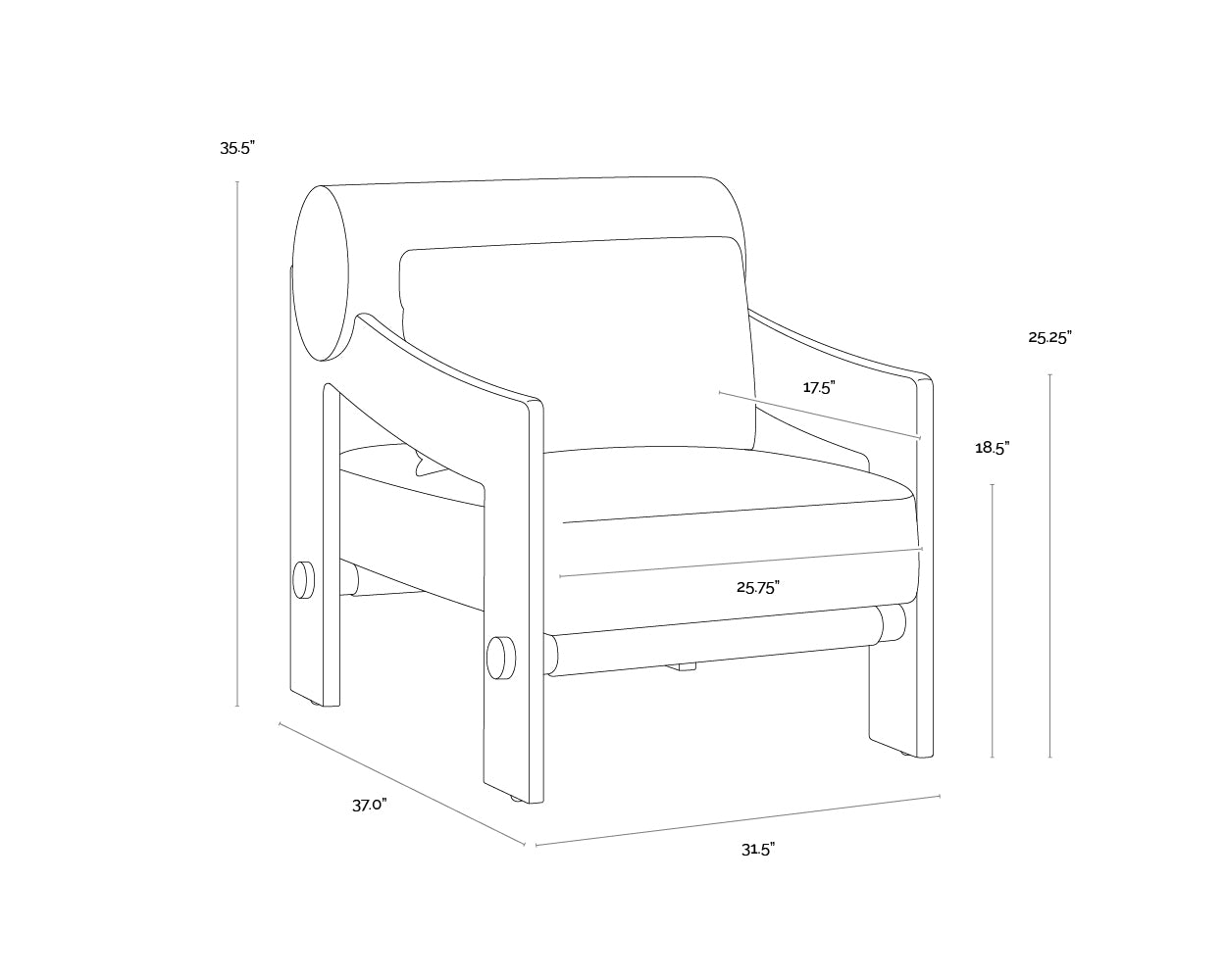 A wireframe image of the product with dimensions shown