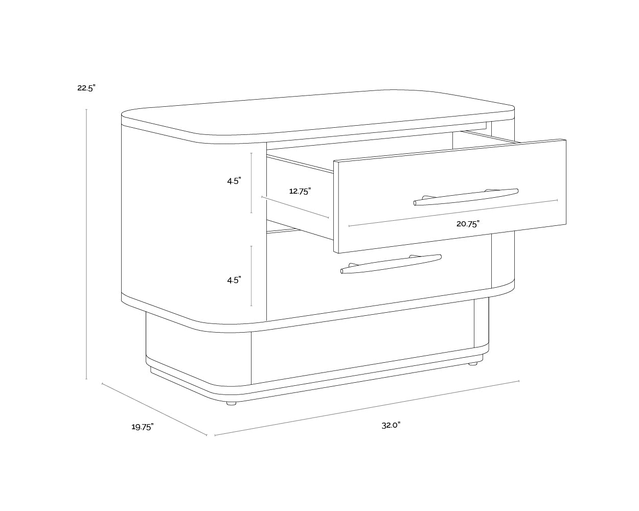 A wireframe image of the product with dimensions shown