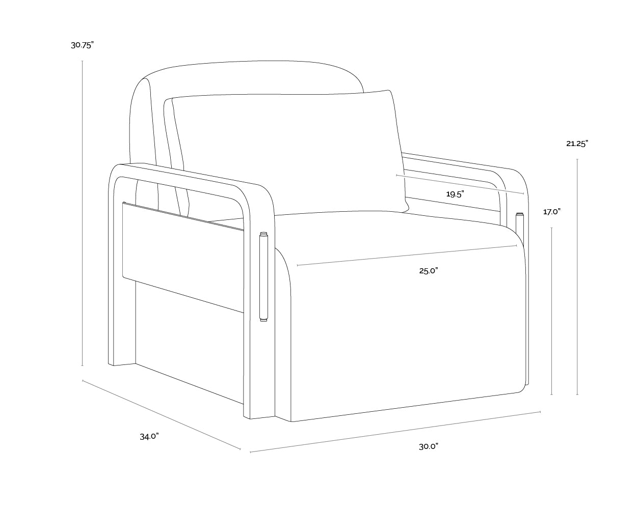 A wireframe image of the product with dimensions shown