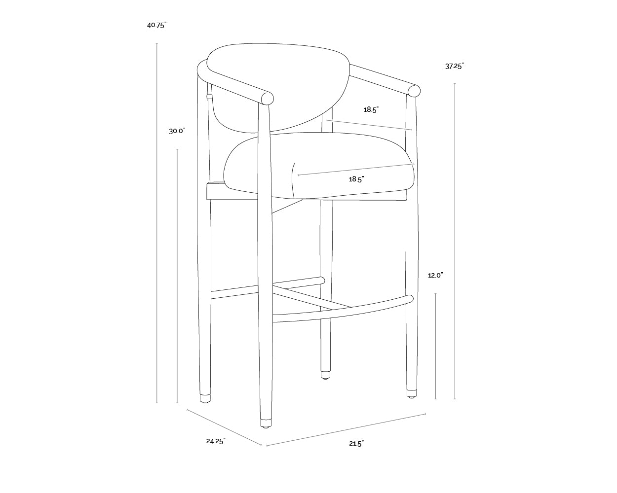 A wireframe image of the product with dimensions shown