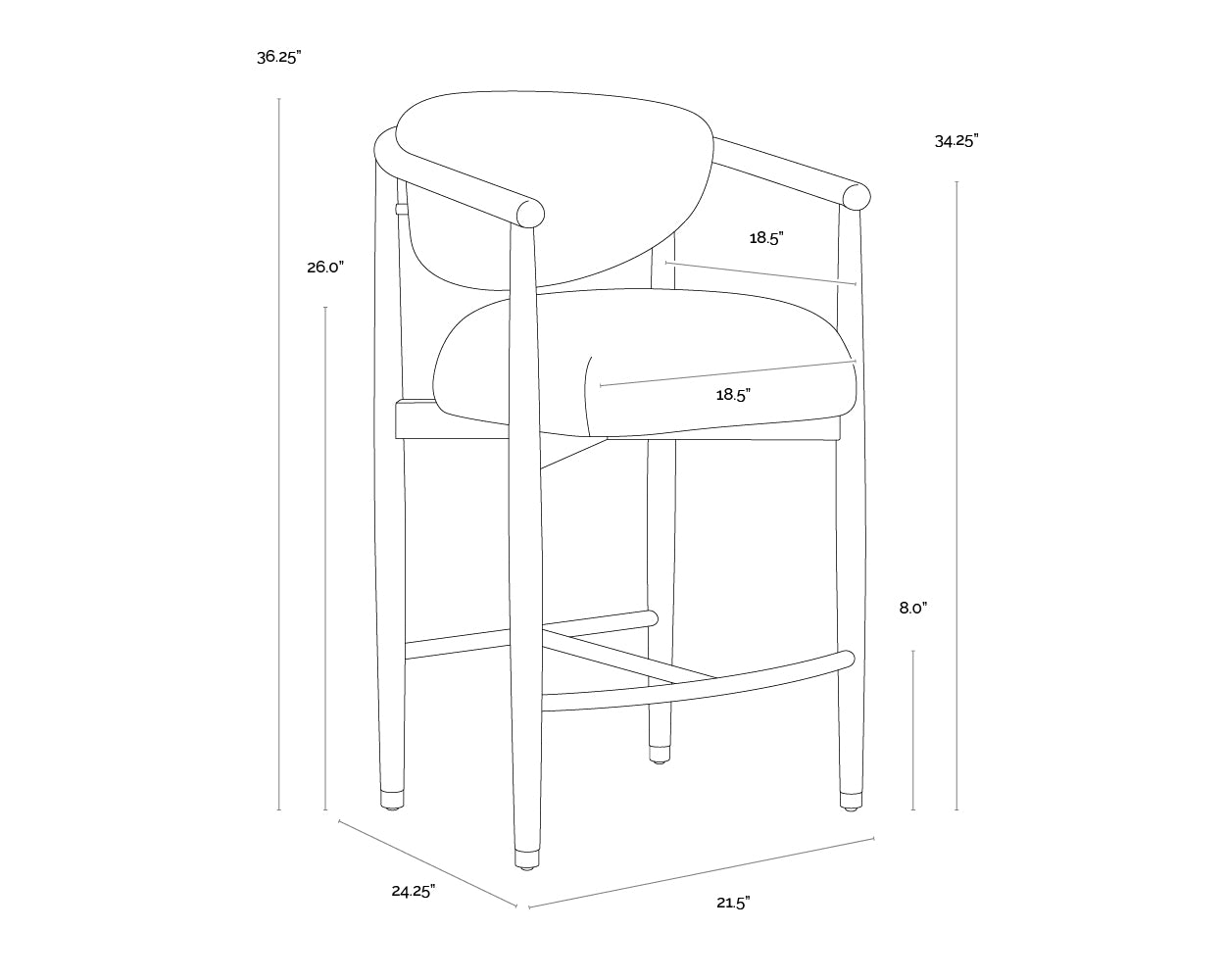 A wireframe image of the product with dimensions shown