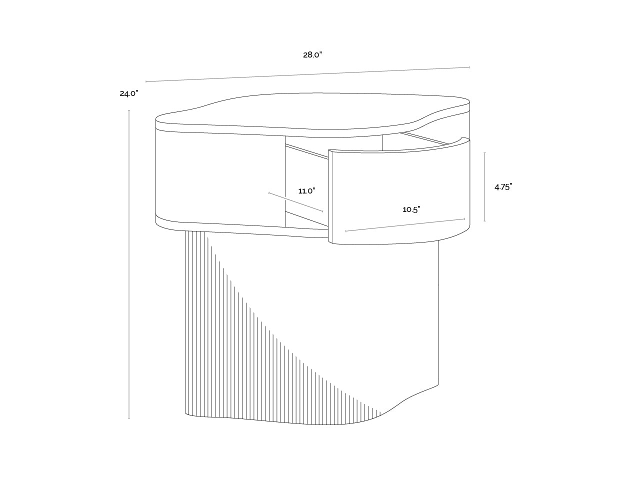 A wireframe image of the product with dimensions shown