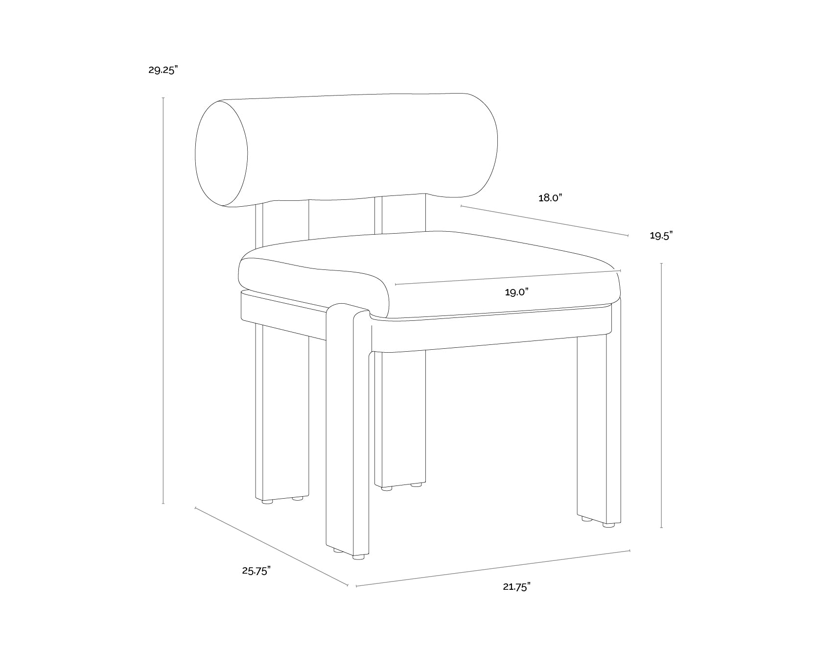 A wireframe image of the product with dimensions shown