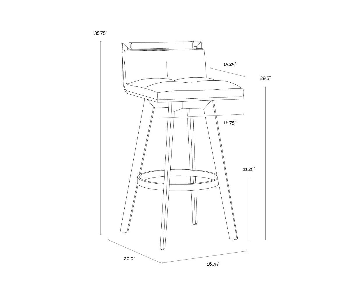 A wireframe image of the product with dimensions shown