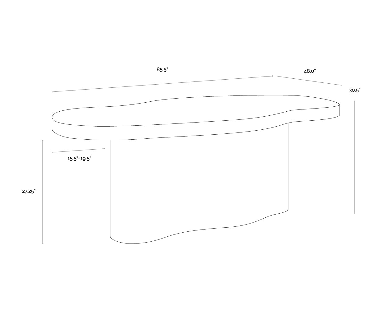 A wireframe image of the product with dimensions shown