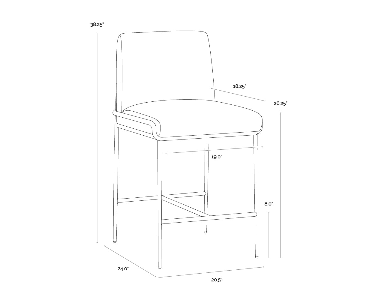 A wireframe image of the product with dimensions shown