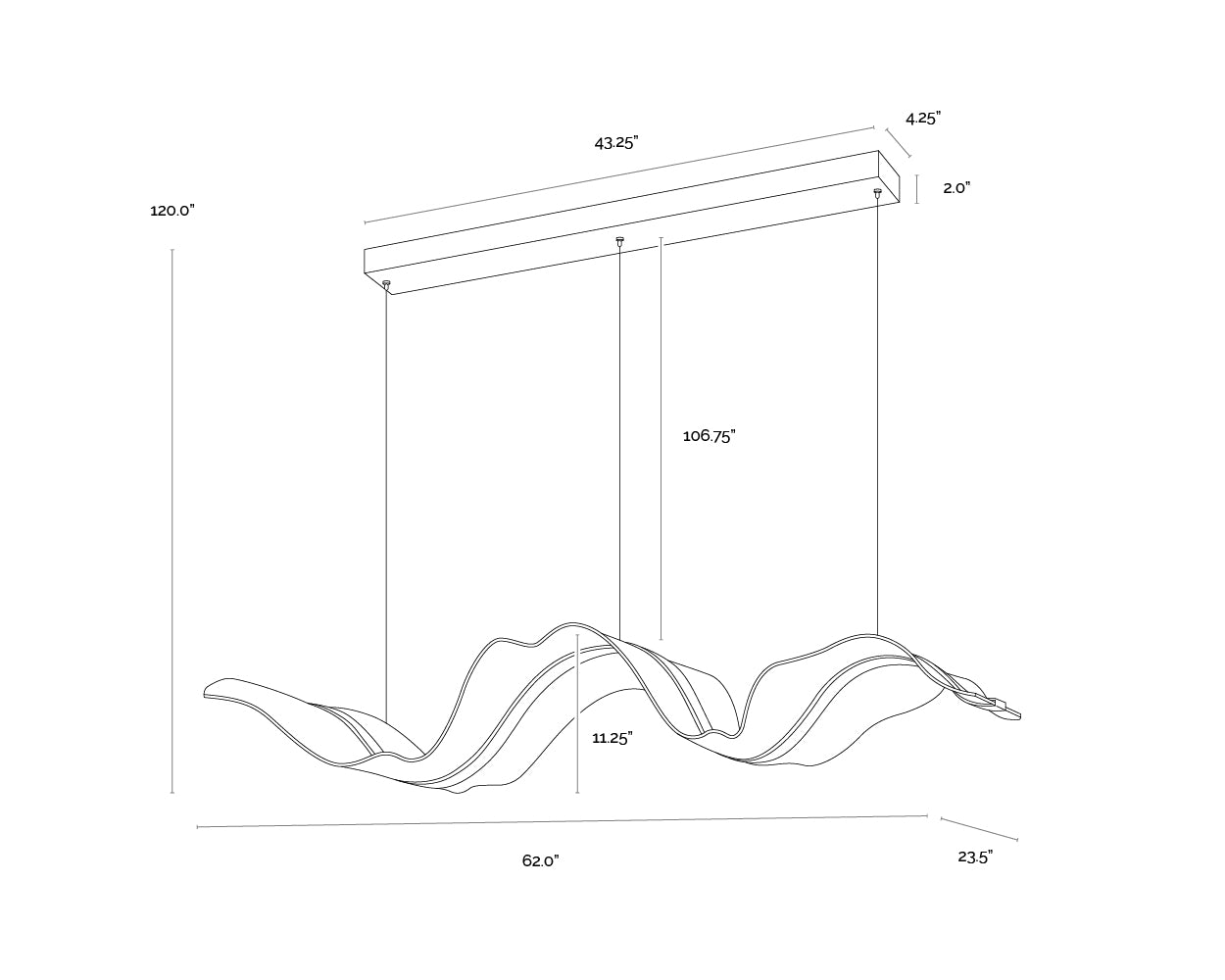 A wireframe image of the product with dimensions shown