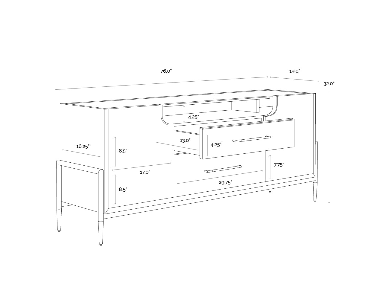 A wireframe image of the product with dimensions shown