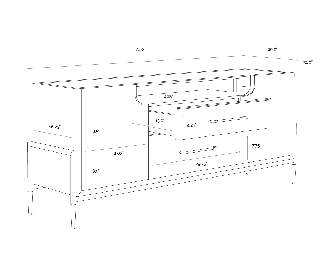 A wireframe image of the product with dimensions shown