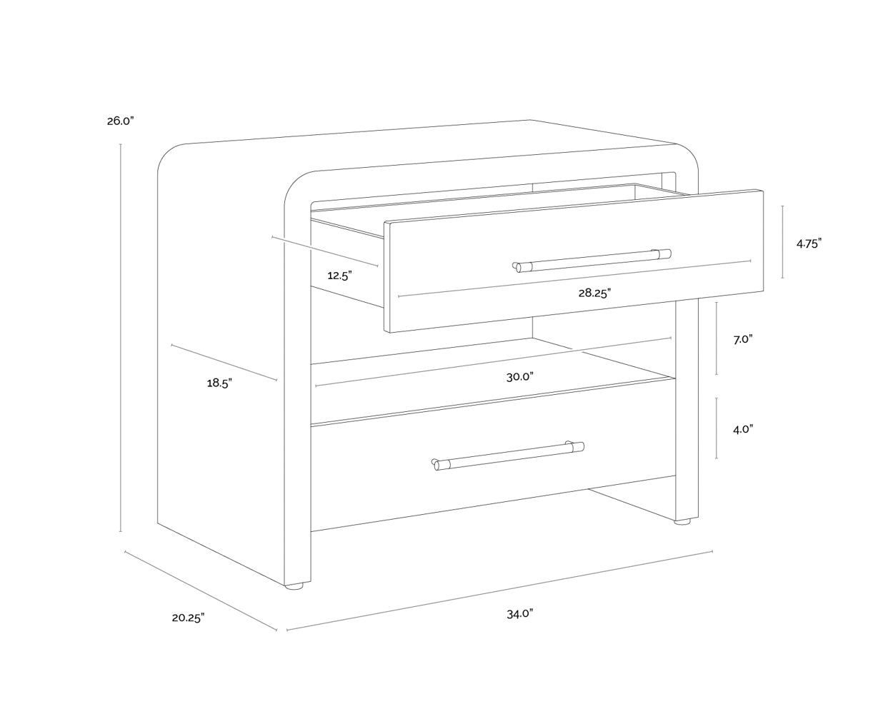 A wireframe image of the product with dimensions shown