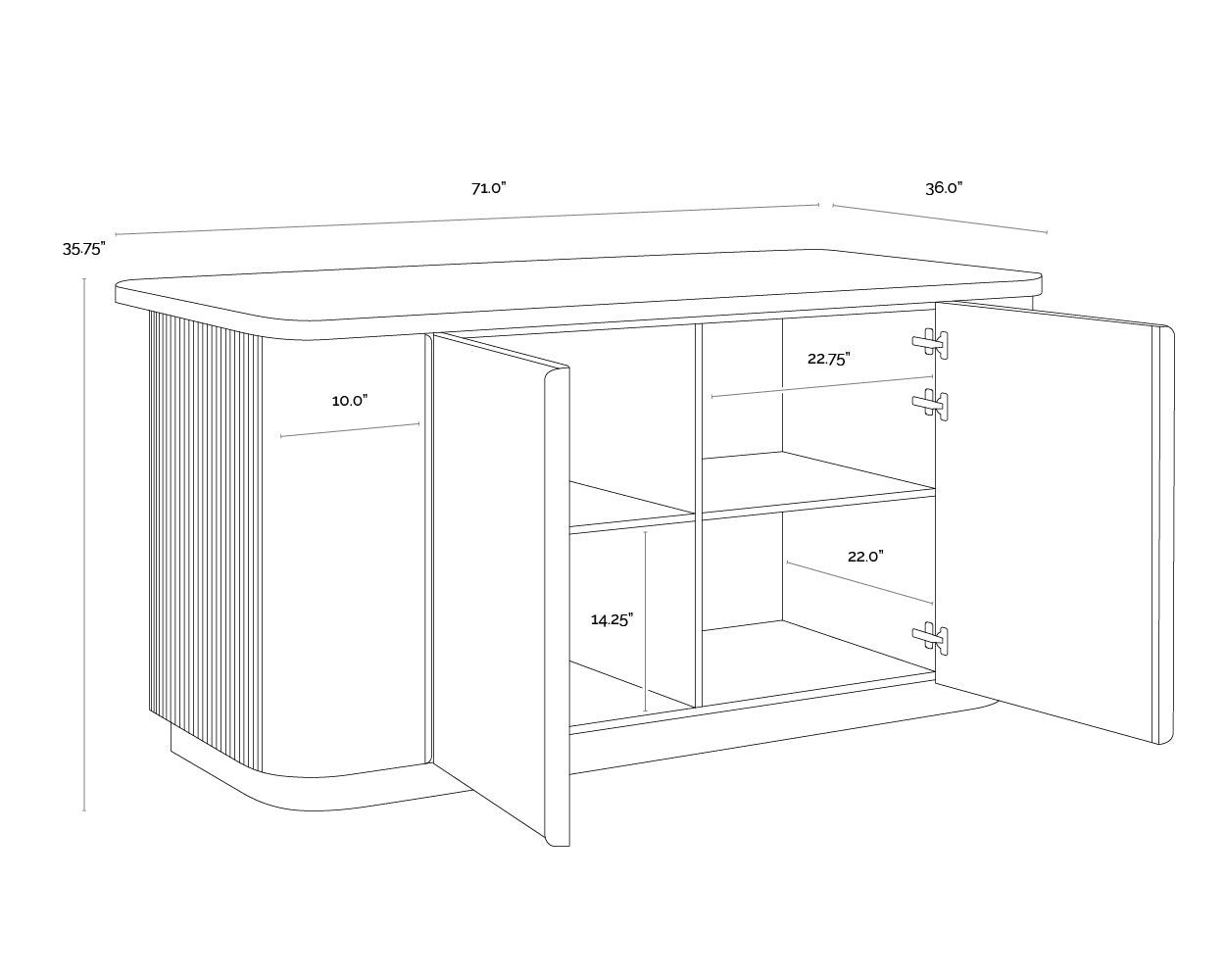 A wireframe image of the product with dimensions shown