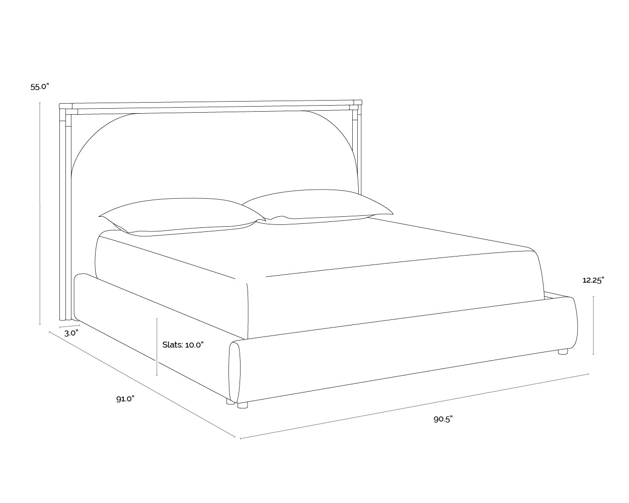 A wireframe image of the product with dimensions shown