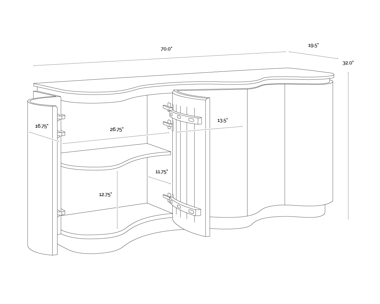A wireframe image of the product with dimensions shown