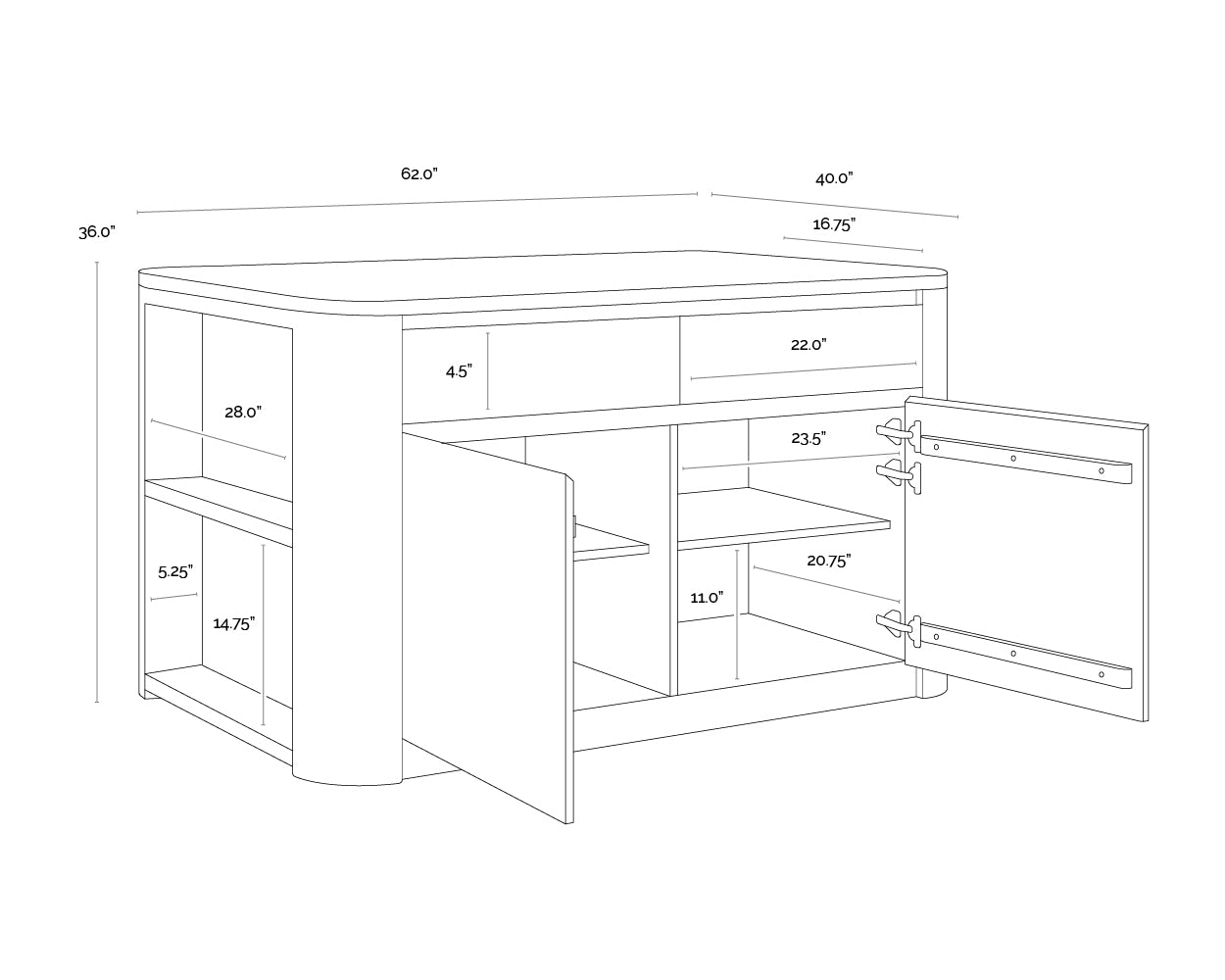 A wireframe image of the product with dimensions shown