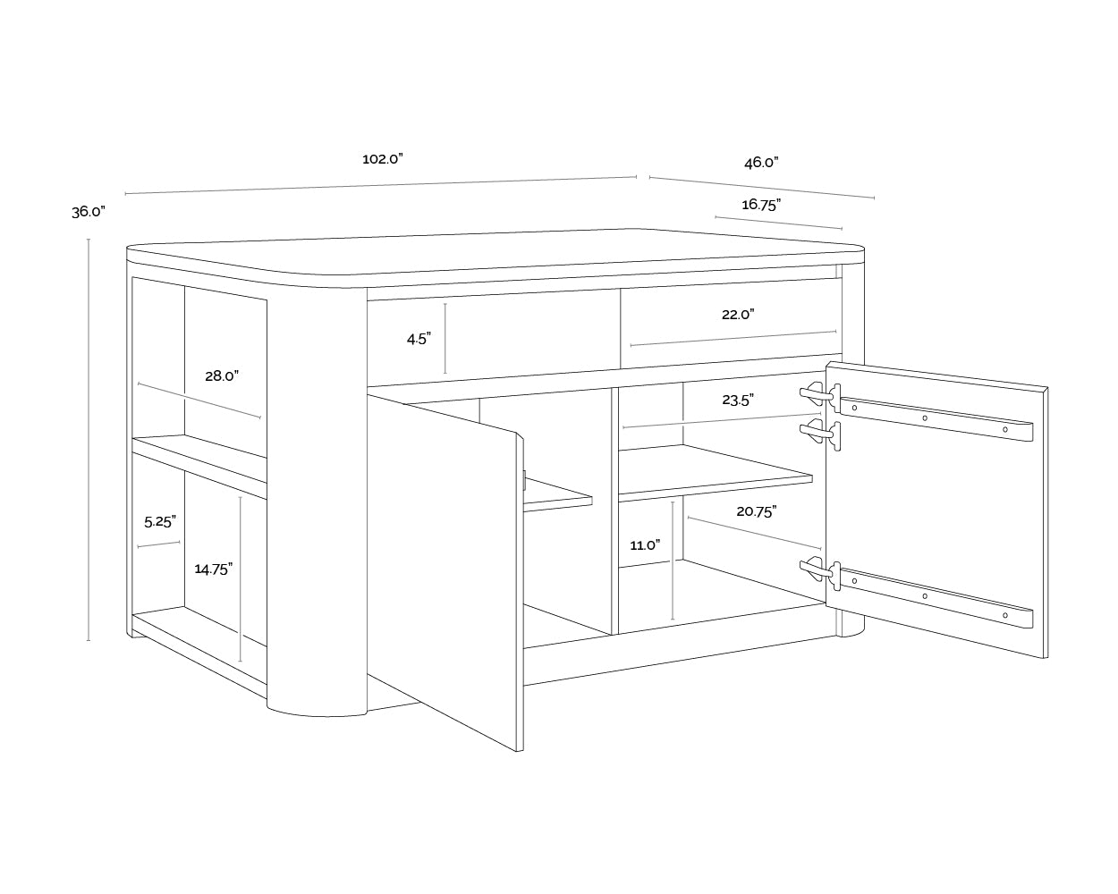 A wireframe image of the product with dimensions shown