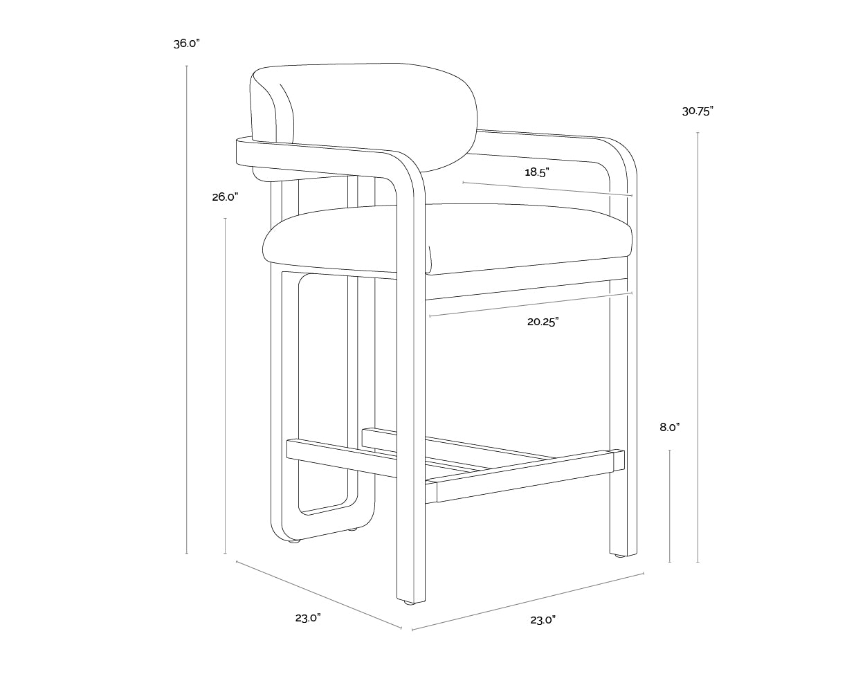 A wireframe image of the product with dimensions shown
