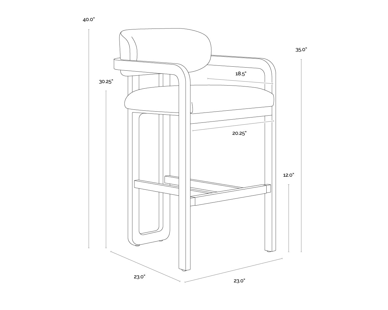 A wireframe image of the product with dimensions shown