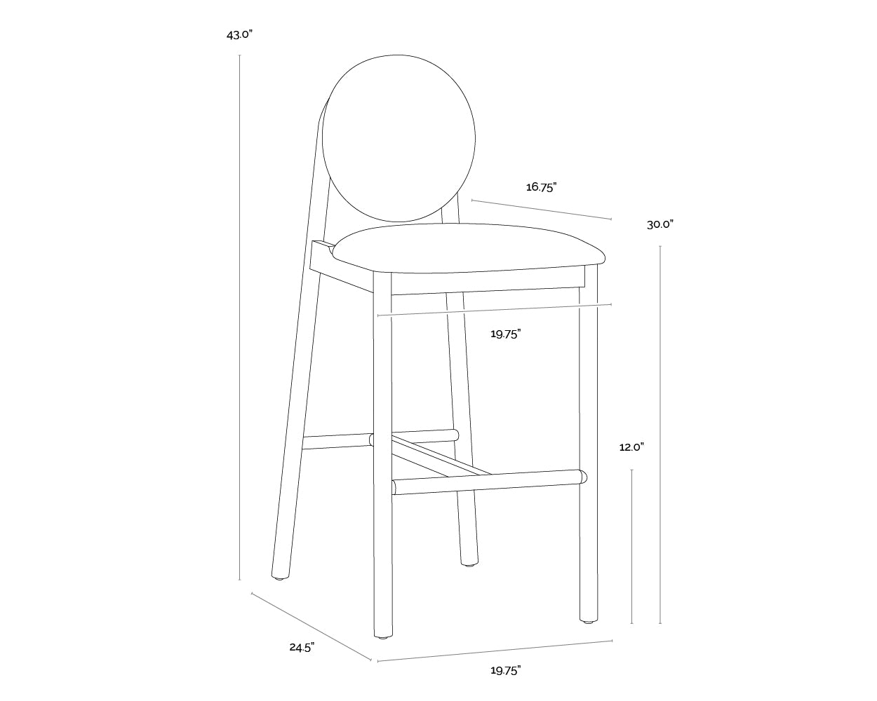A wireframe image of the product with dimensions shown