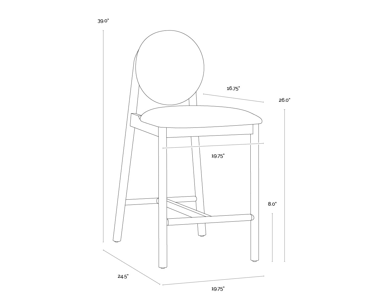 A wireframe image of the product with dimensions shown