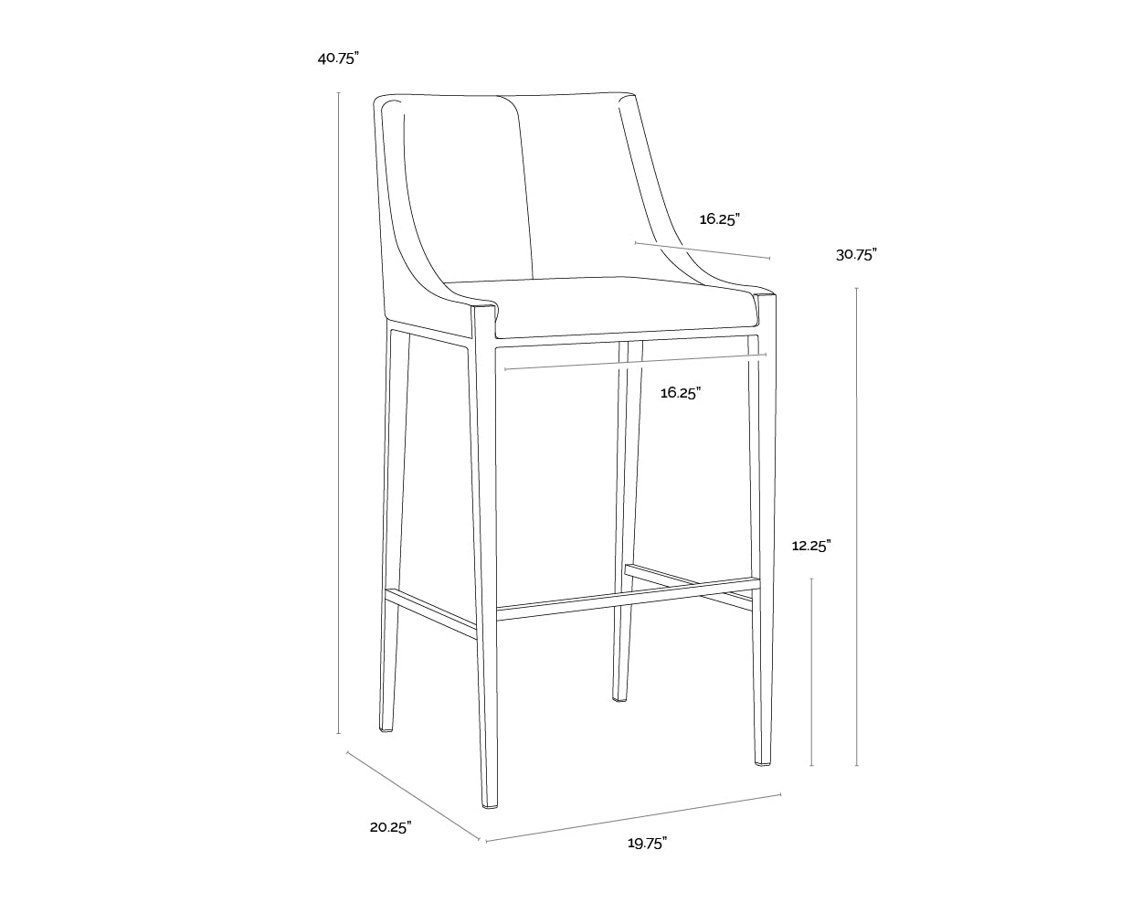 A wireframe image of the product with dimensions shown