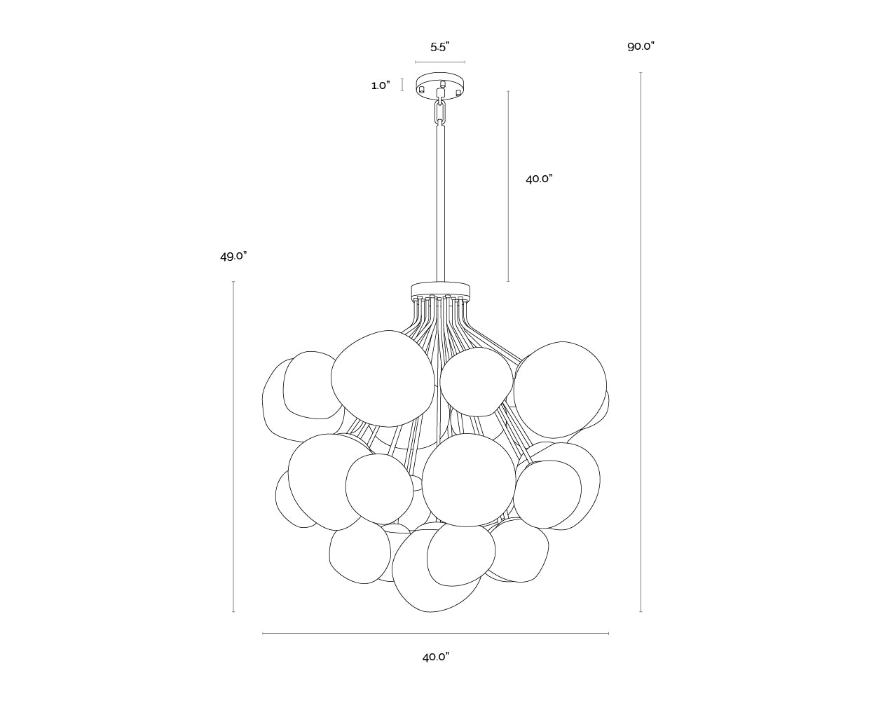 A wireframe image of the product with dimensions shown