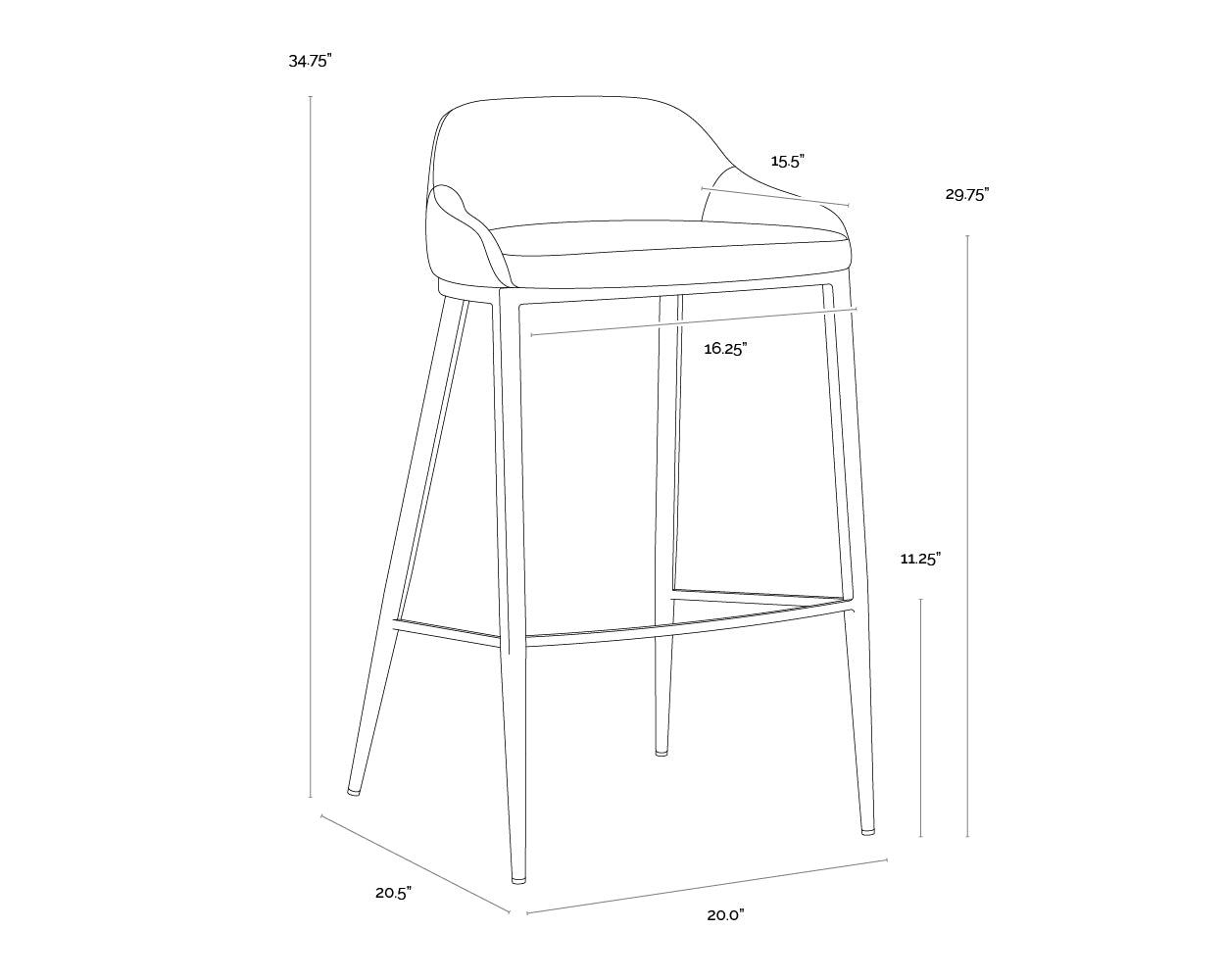 A wireframe image of the product with dimensions shown