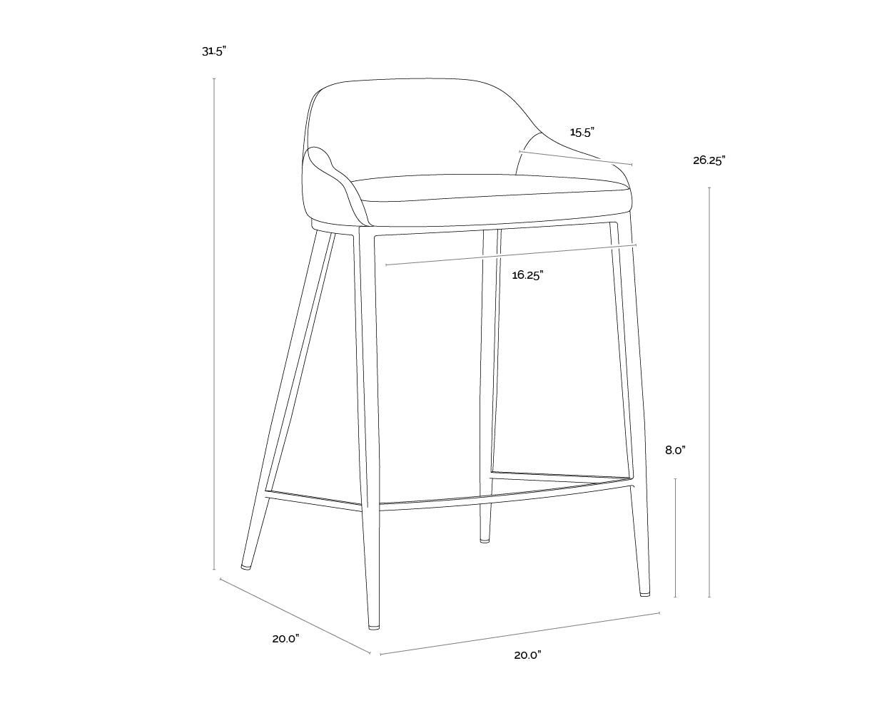 A wireframe image of the product with dimensions shown