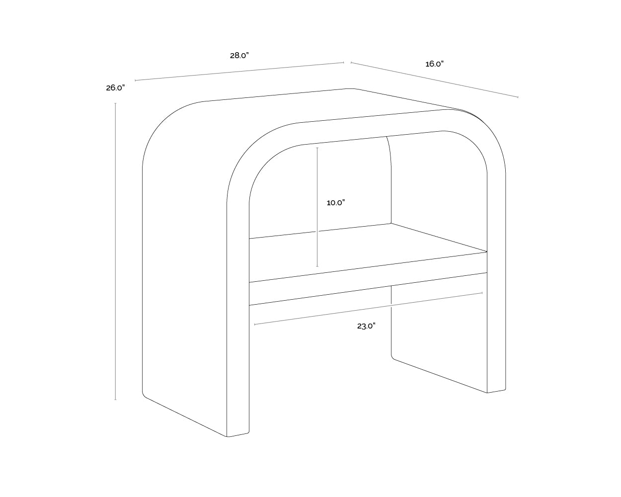 A wireframe image of the product with dimensions shown