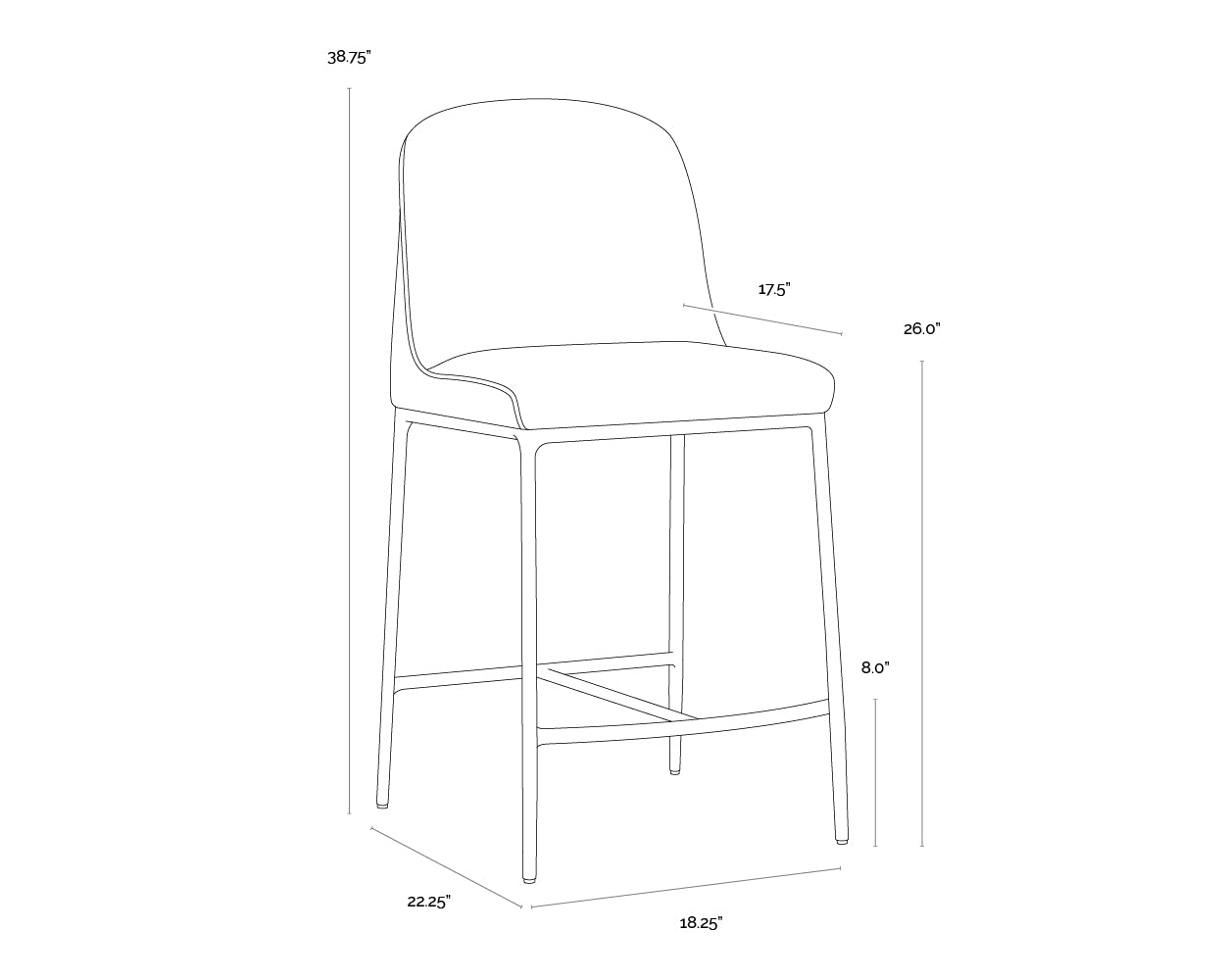 A wireframe image of the product with dimensions shown